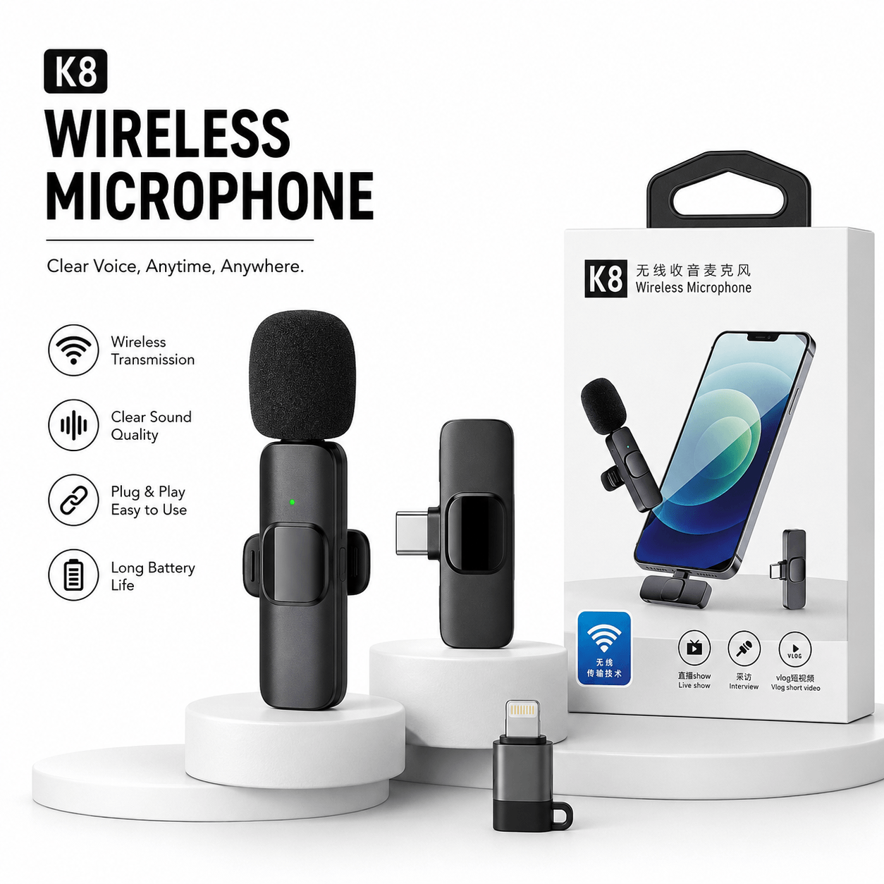 K8 Wireless Microphone for Mobile – Plug & Play Lavalier Mic